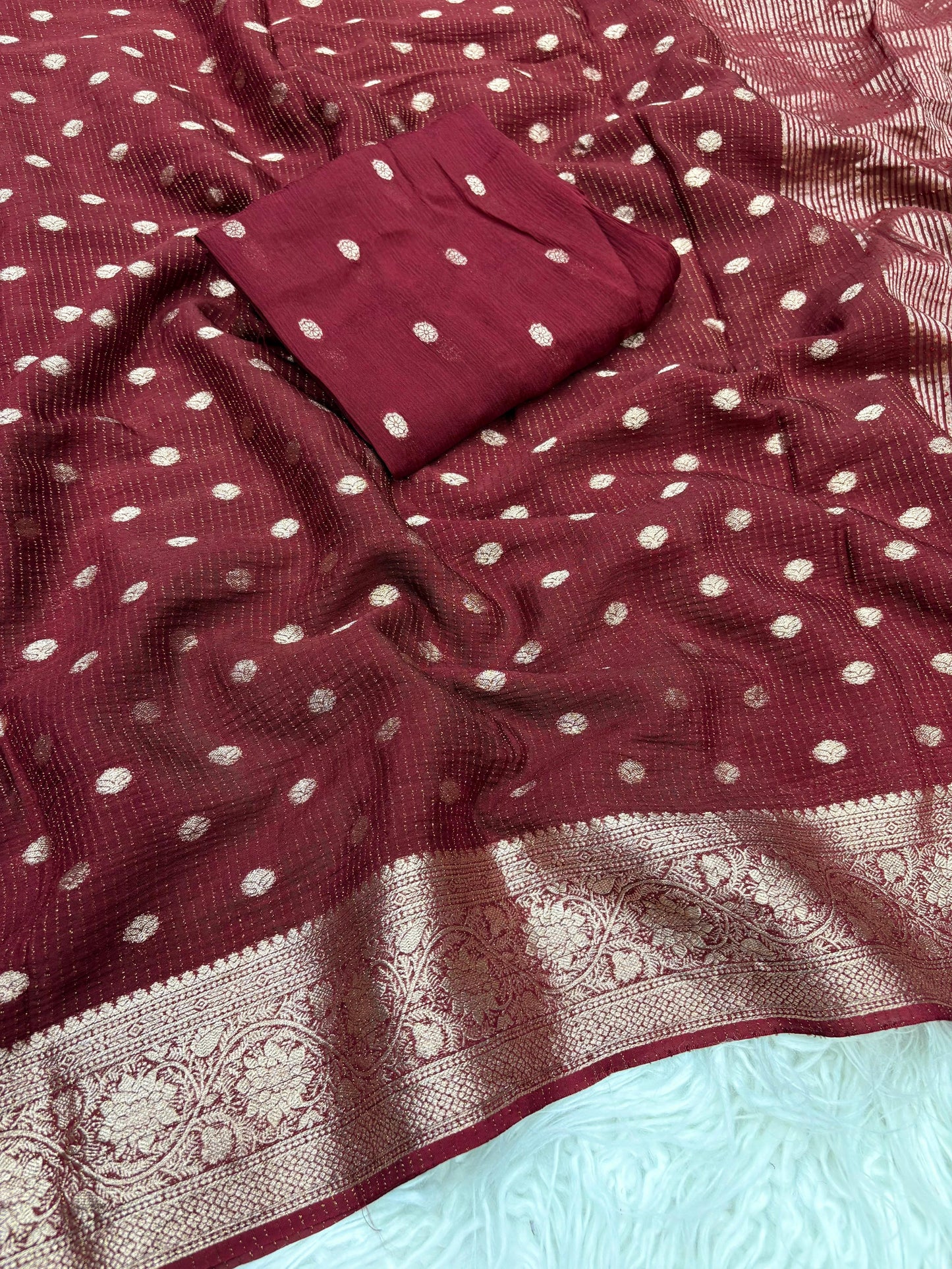 Gulnaz Maroon Chitt Pallu Chinon Silk Saree