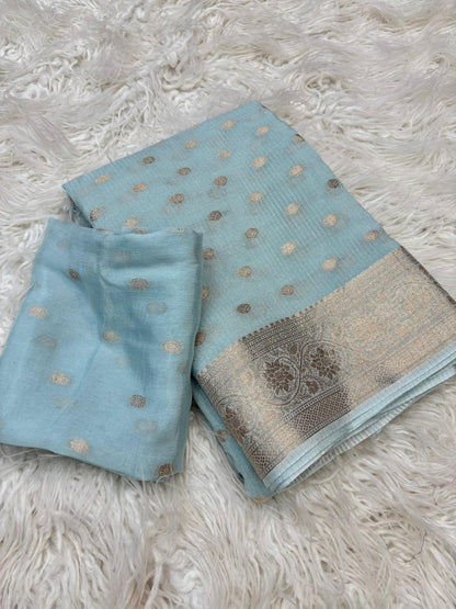 Gulnaz Sky Color Chitt Pallu Chinon Silk Saree