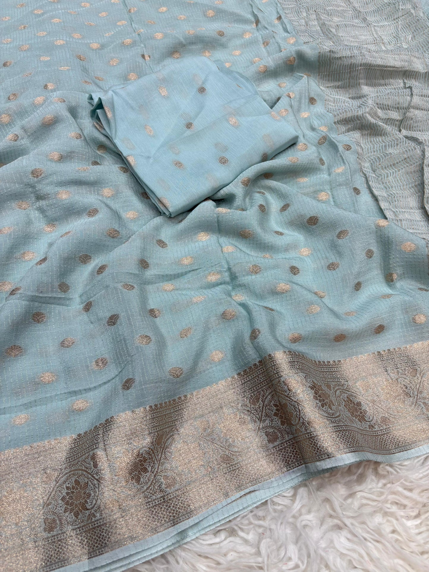 Gulnaz Sky Color Chitt Pallu Chinon Silk Saree