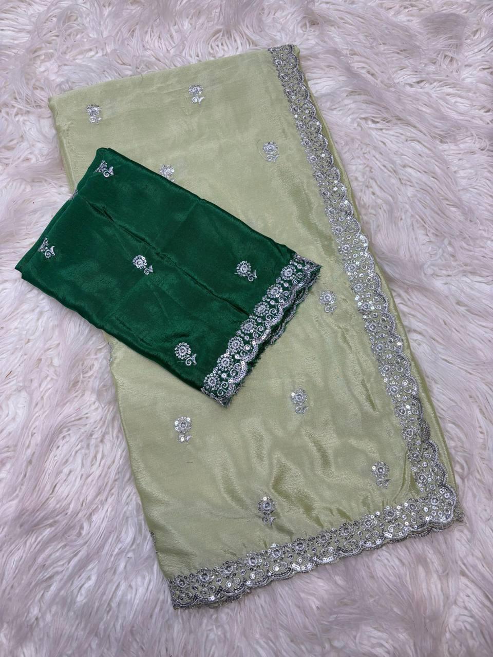 Ziva Pastel Mint Shine Embroidered Saree