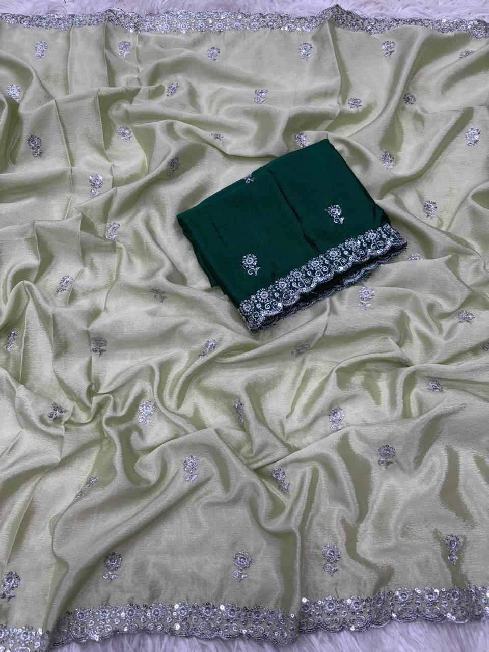 Ziva Pastel Mint Shine Embroidered Saree