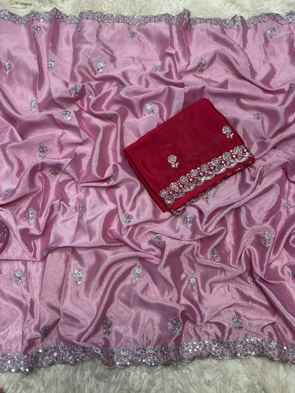 Ziva Pastel Pink Shine Embroidered Saree