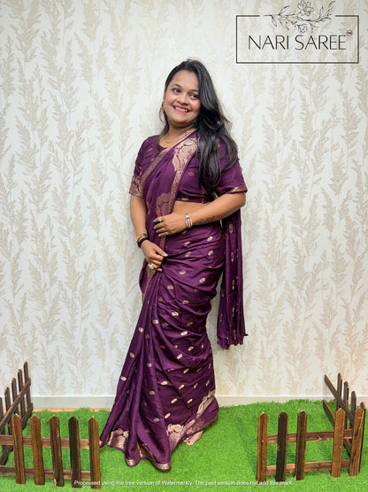 Rajasi - Plum Banarasi Silk Saree with Peacock Zari Border