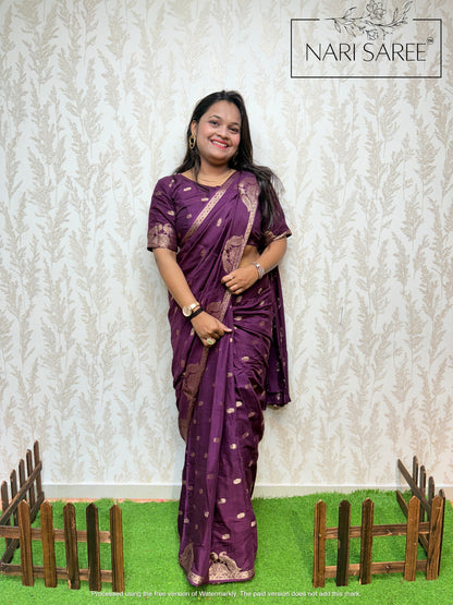 Rajasi - Plum Banarasi Silk Saree with Peacock Zari Border