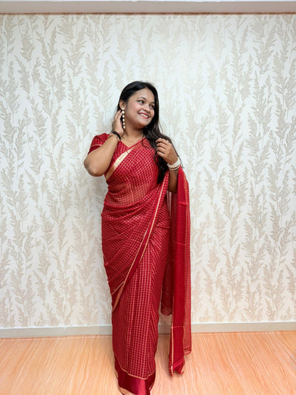 Ruby Rivaaz – Elegant Maroon Checked Saree