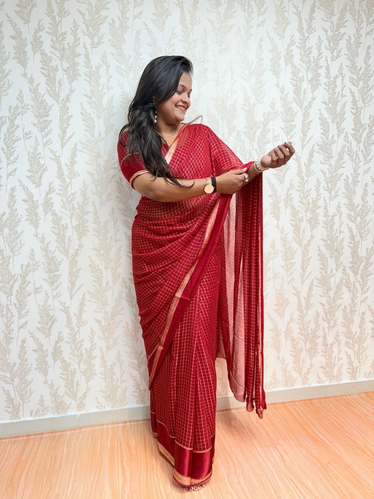 Ruby Rivaaz – Elegant Maroon Checked Saree