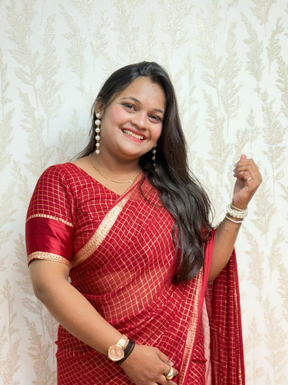 Ruby Rivaaz – Elegant Maroon Checked Saree