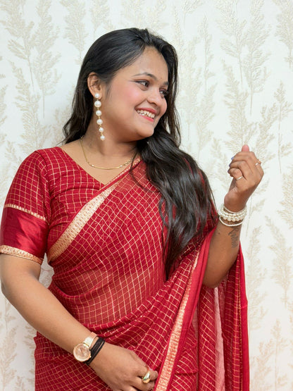 Ruby Rivaaz – Elegant Maroon Checked Saree