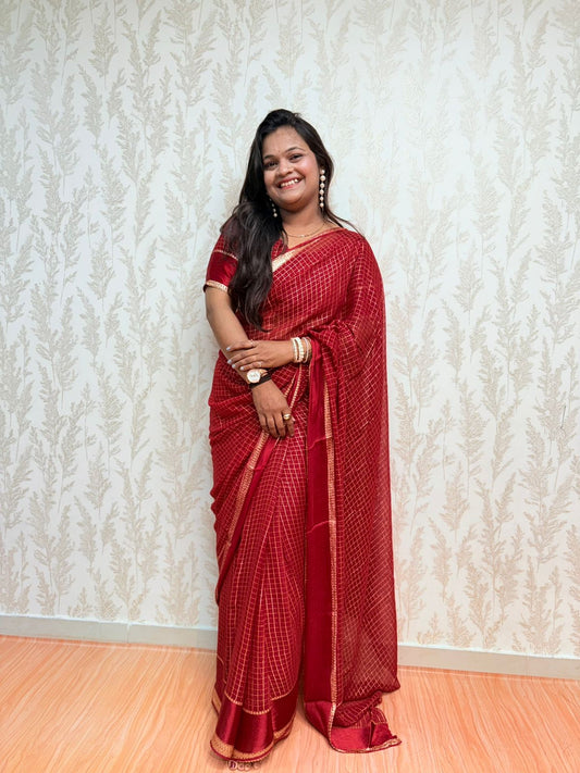 Ruby Rivaaz – Elegant Maroon Checked Saree