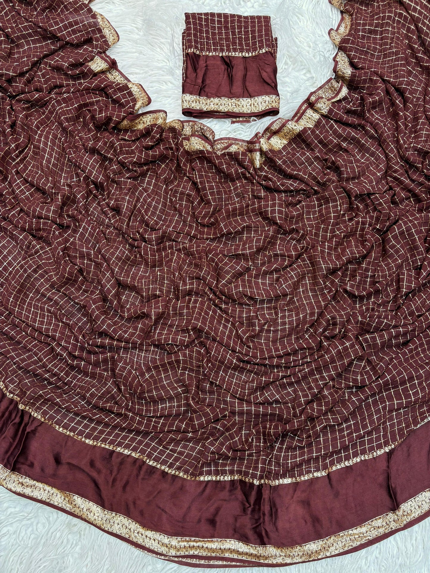 Ruby Rivaaz – Elegant Dark Coffee Checked Saree