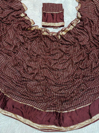 Ruby Rivaaz – Elegant Dark Coffee Checked Saree