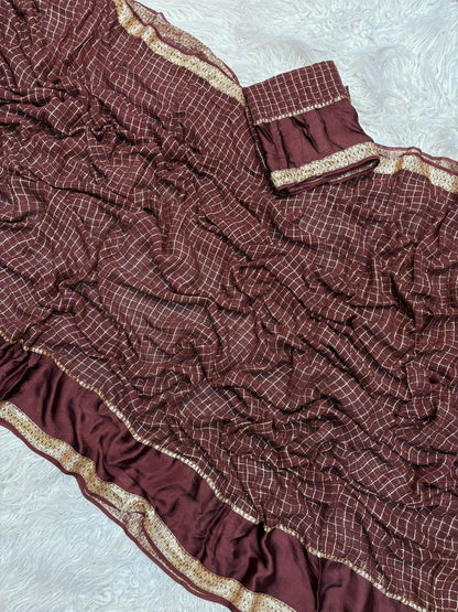 Ruby Rivaaz – Elegant Dark Coffee Checked Saree