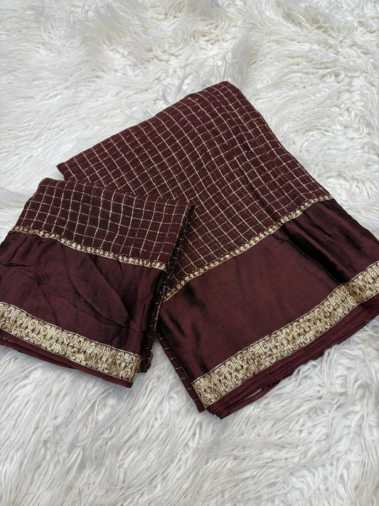 Ruby Rivaaz – Elegant Dark Coffee Checked Saree