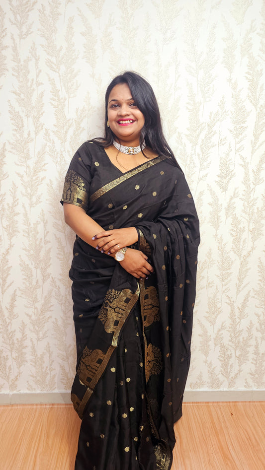Indrani - Heritage Elephant Motif  Black Color Saree