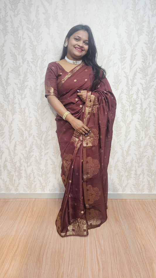 Indrani - Heritage Elephant Motif  Dark Coffee Color Saree