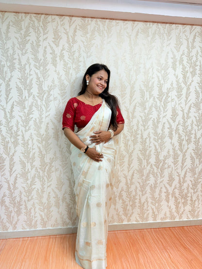 Ivory Ishika – Elegant White Golden Saree