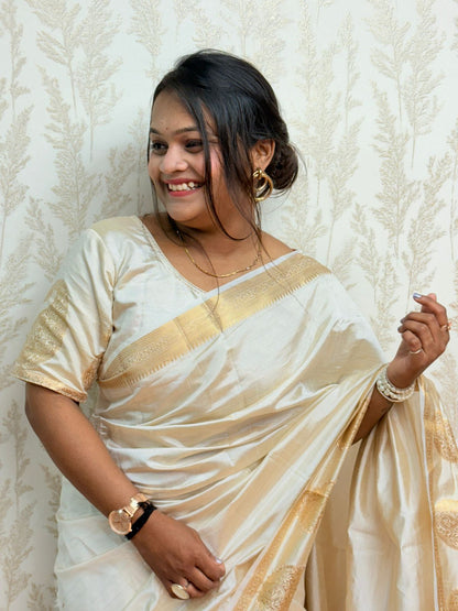 Golden Shehzaadi – Cream & Gold Jacquard Tussar Silk Saree