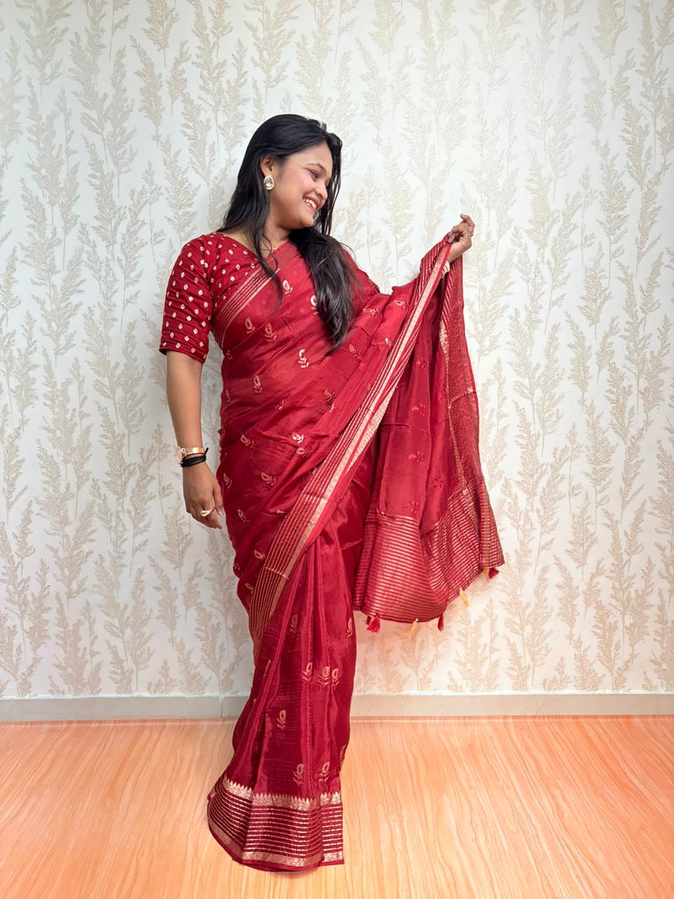 Scarlet Symphony – Pure Viscose Embroidered Red Saree