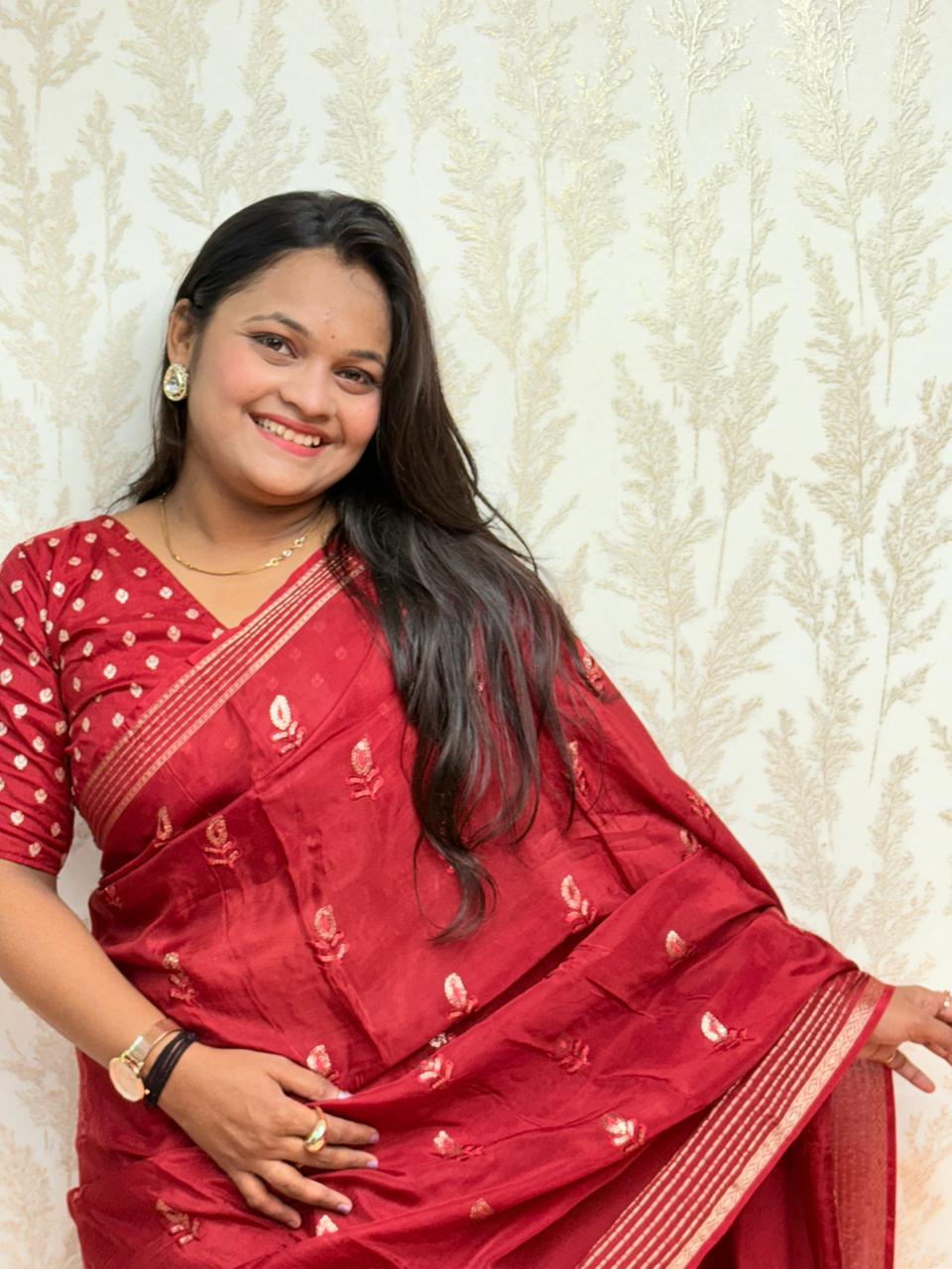 Scarlet Symphony – Pure Viscose Embroidered Red Saree