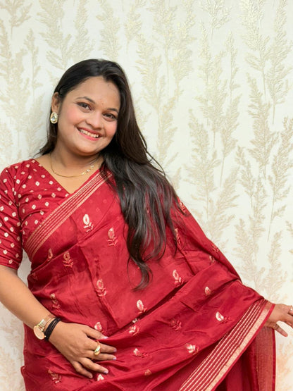 Scarlet Symphony – Pure Viscose Embroidered Red Saree