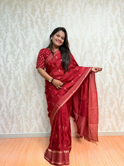 Scarlet Symphony – Pure Viscose Embroidered Red Saree