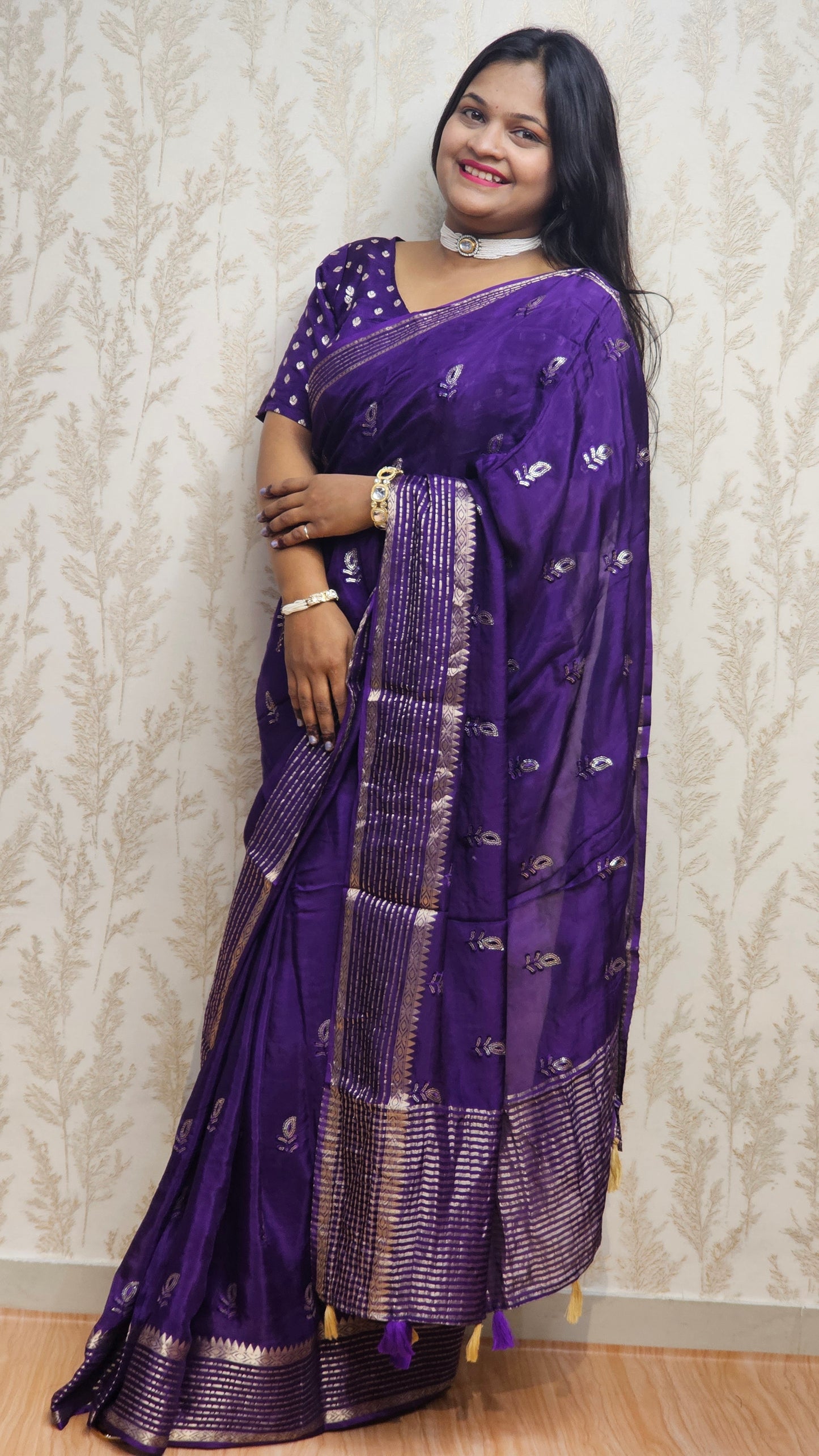 Scarlet Symphony – Pure Viscose Embroidered Royal Purple Saree