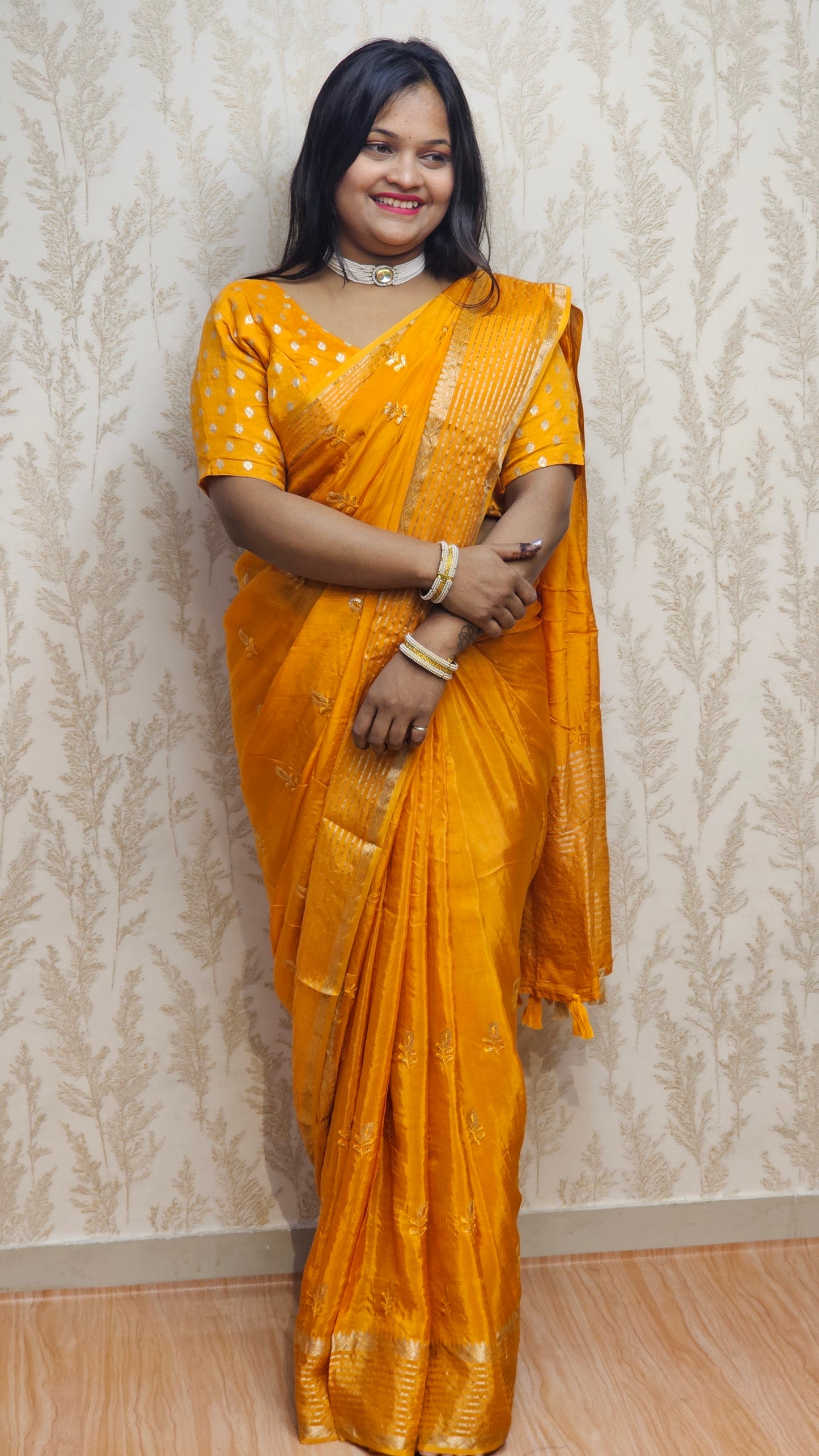 Scarlet Symphony – Pure Viscose Embroidered Mustered Yellow Saree
