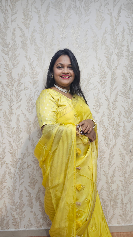 Scarlet Symphony – Pure Viscose Embroidered Lemon Yellow Saree