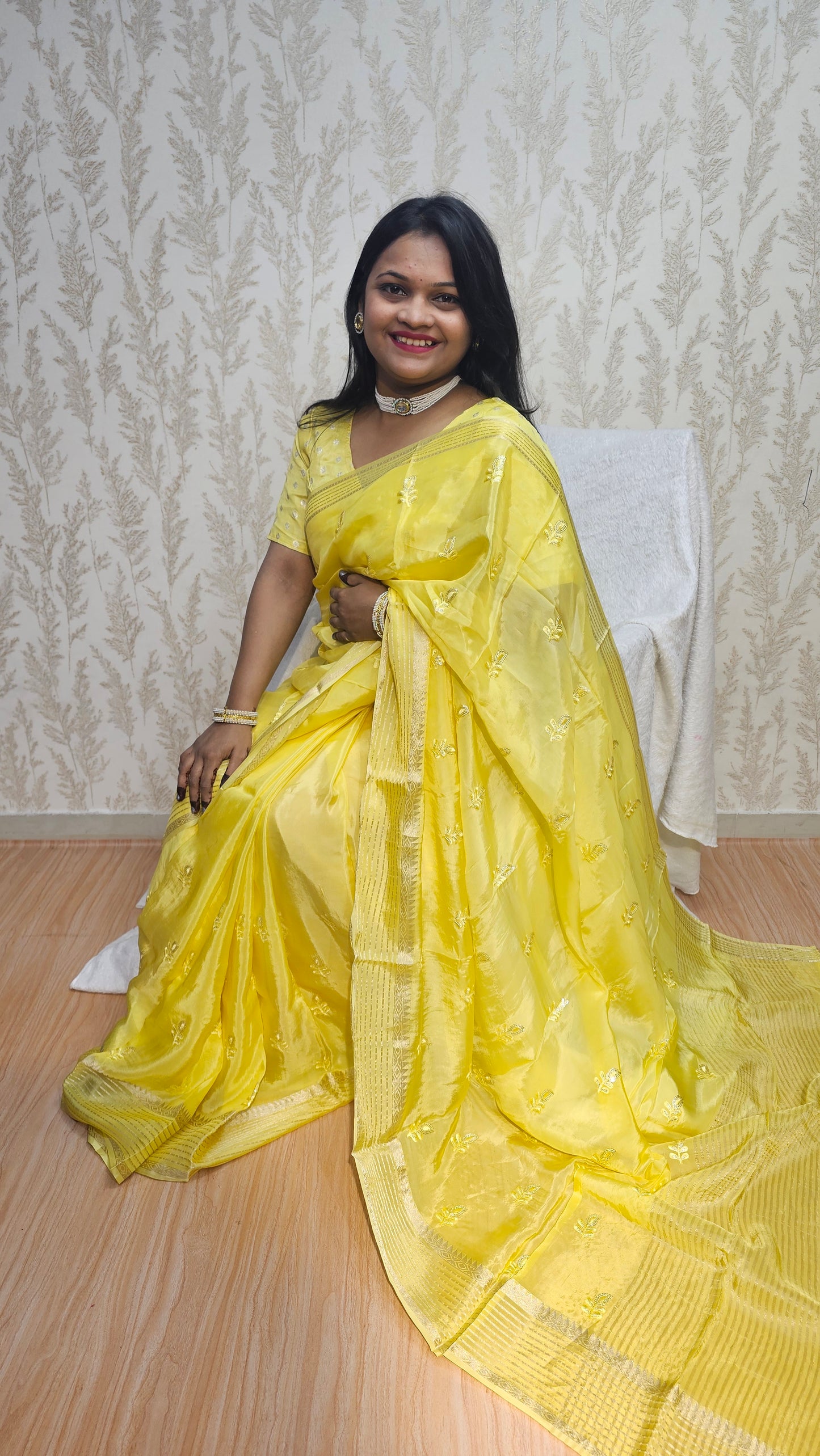 Scarlet Symphony – Pure Viscose Embroidered Lemon Yellow Saree