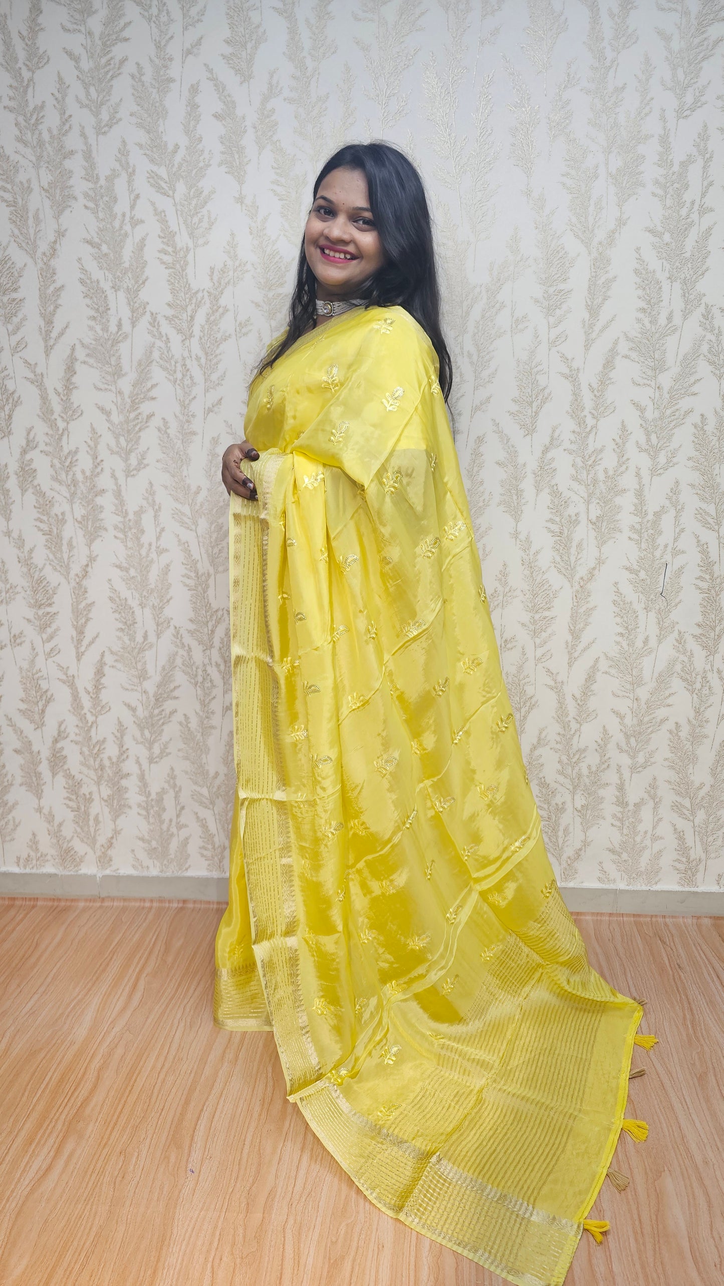Scarlet Symphony – Pure Viscose Embroidered Lemon Yellow Saree