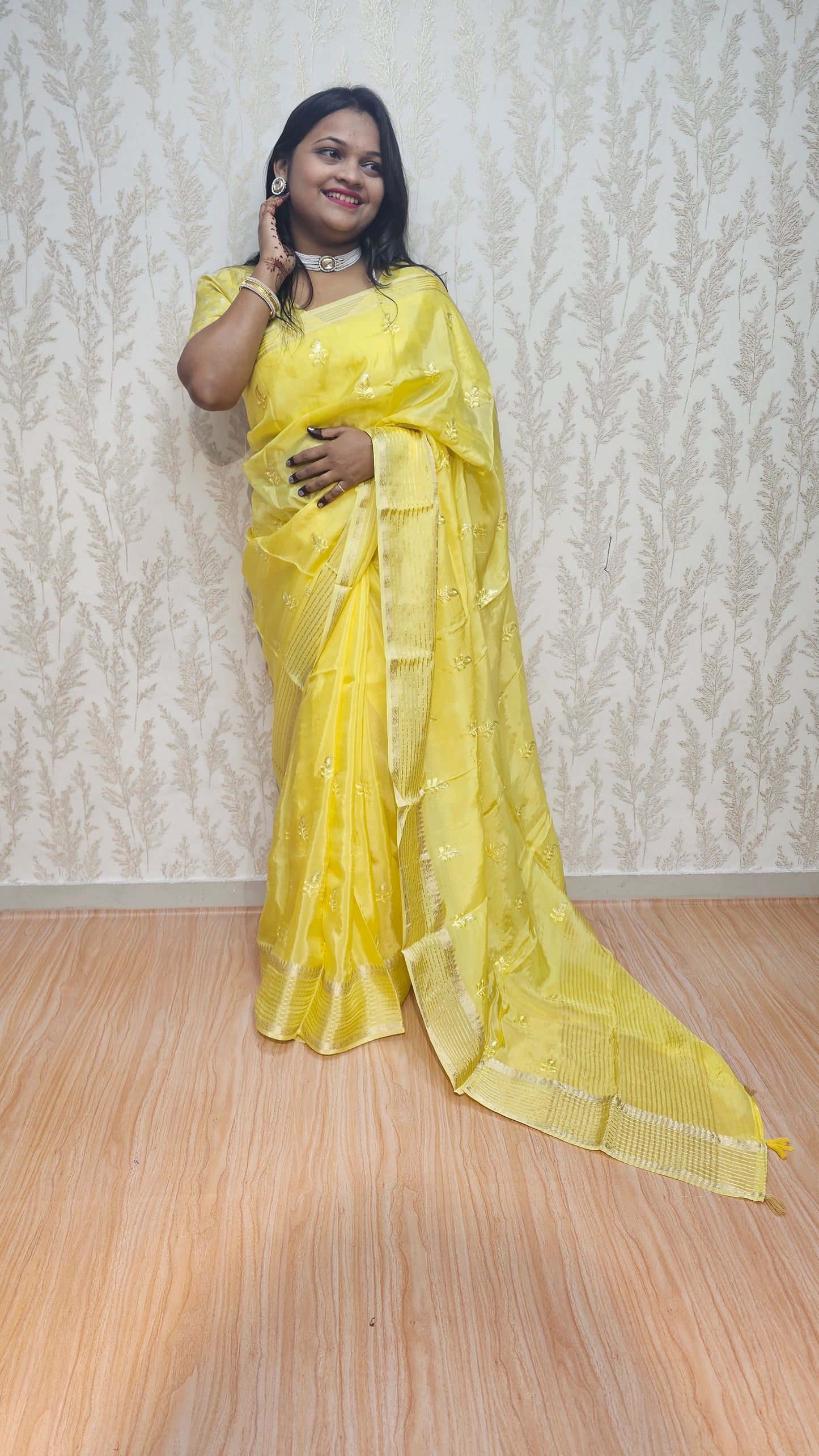 Scarlet Symphony – Pure Viscose Embroidered Lemon Yellow Saree