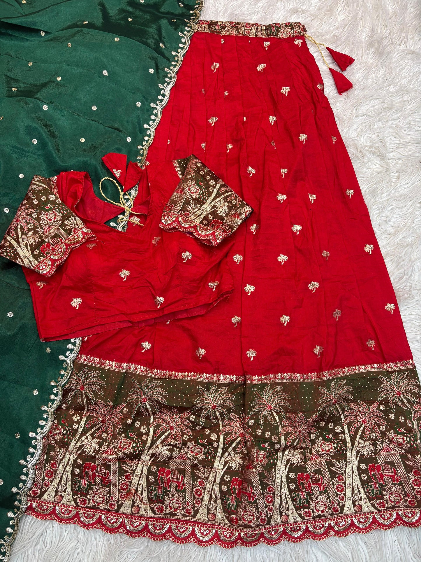Elephant Parade Zari Weave Red Green Lehenga