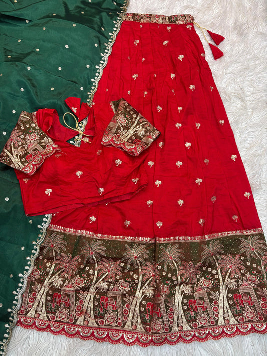 Elephant Parade Zari Weave Red Green Lehenga