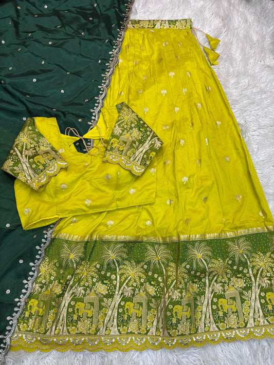 Elephant Parade Zari Weave Lime Green Lehenga