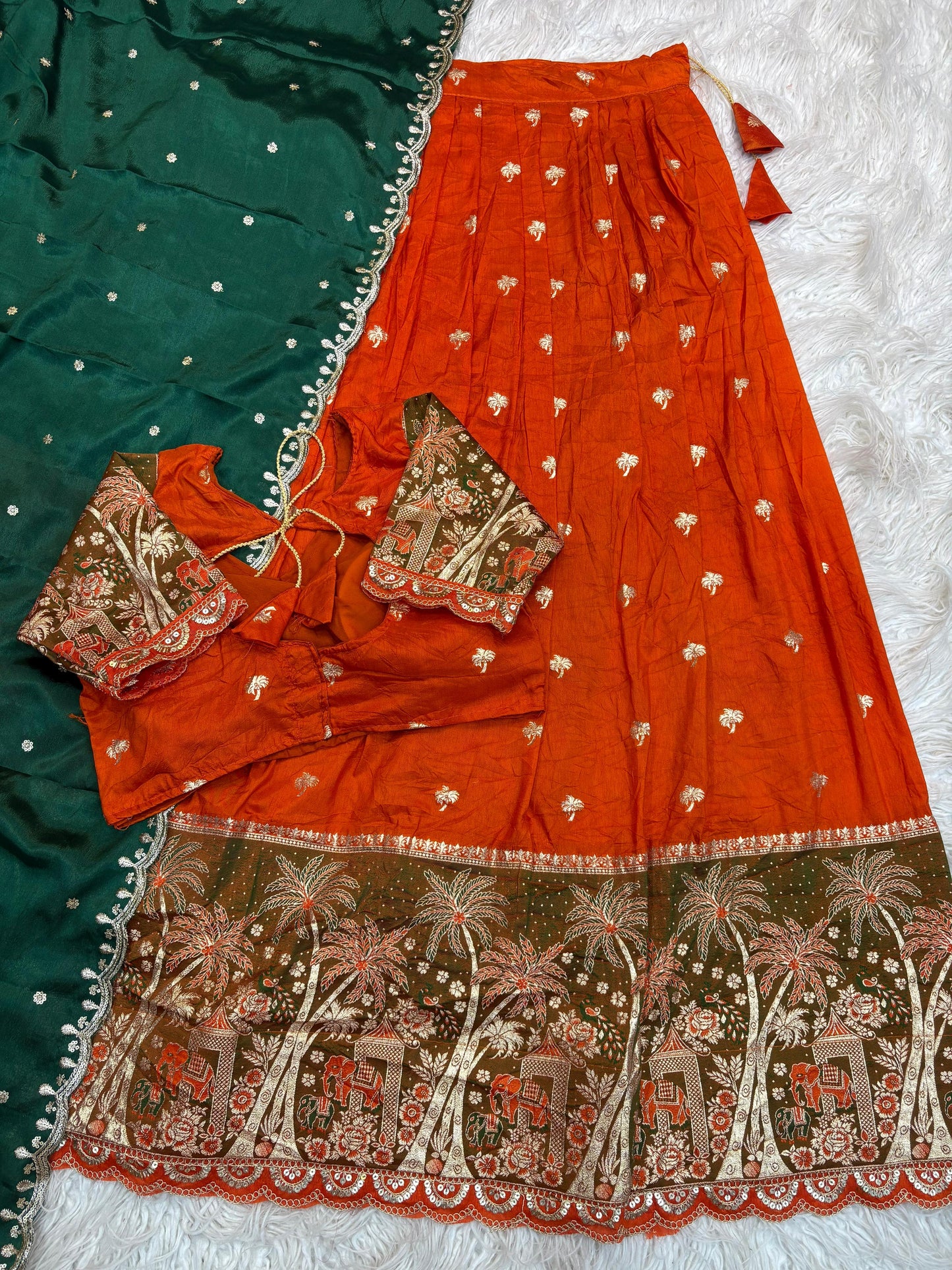 Elephant Parade Zari Weave Orange Green Lehenga