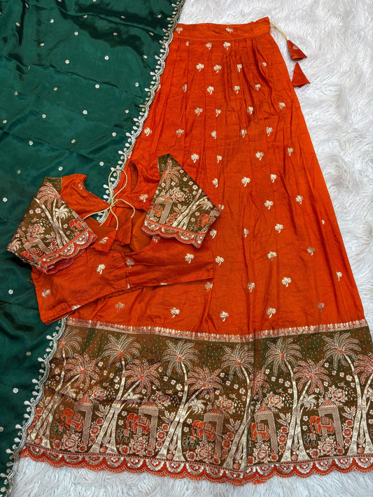 Elephant Parade Zari Weave Orange Green Lehenga