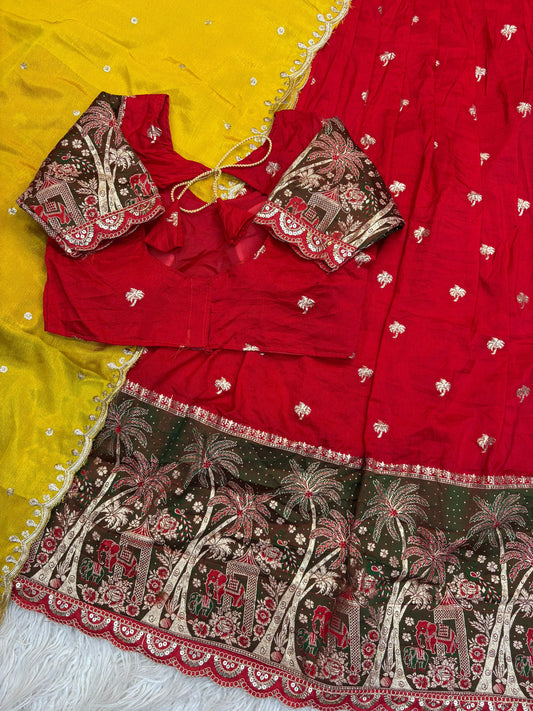 Elephant Parade Zari Weave Red Yellow Lehenga