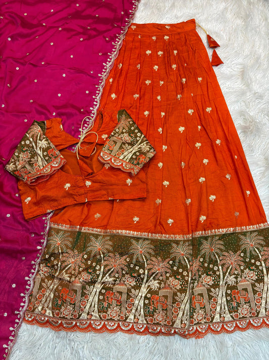 Elephant Parade Zari Weave Orange Rani Lehenga
