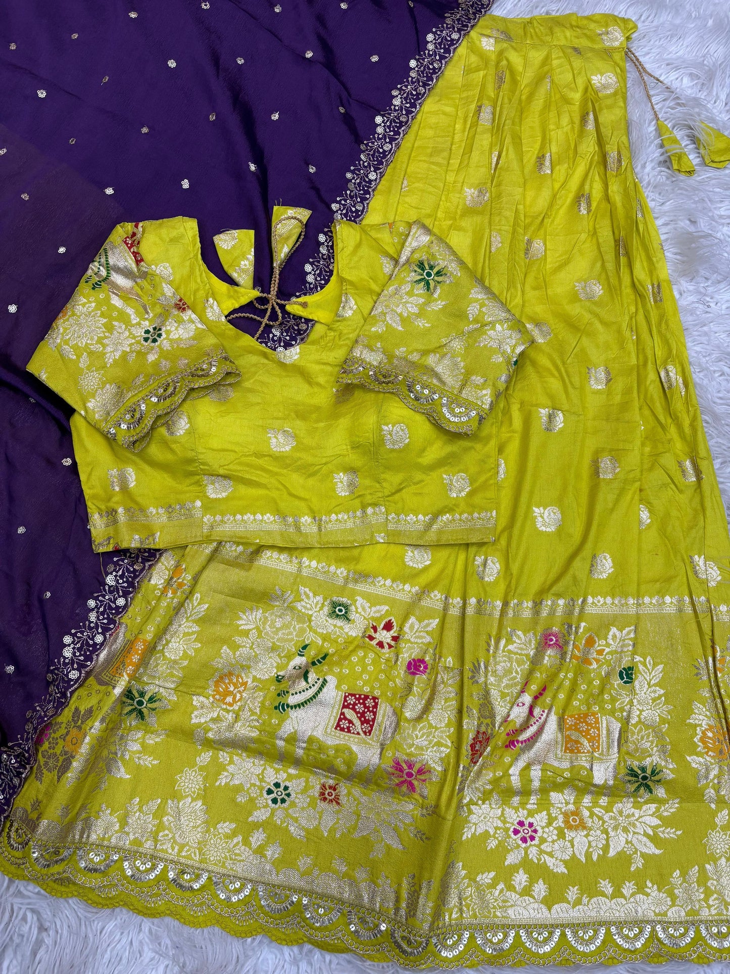 Divya Cow Motif Zari Weave Lehenga-Lime Green And Purple