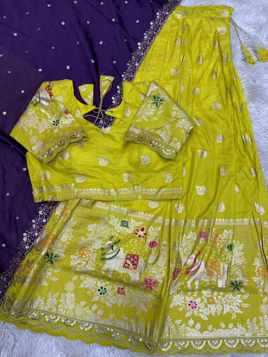 Divya Cow Motif Zari Weave Lehenga-Lime Green And Purple