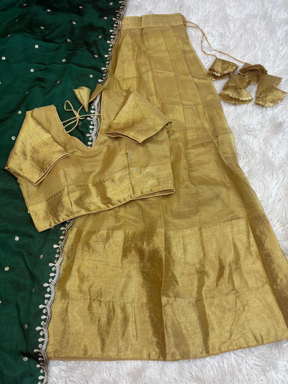 Swarna Chex Jacquard Lehenga-Green