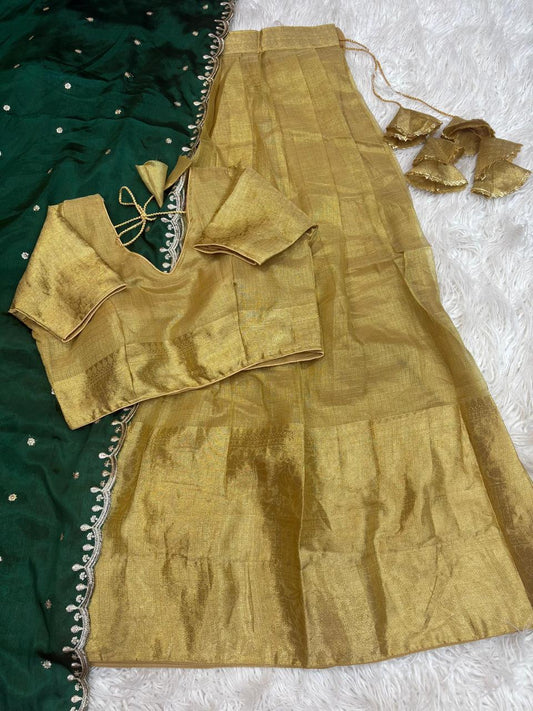 Swarna Chex Jacquard Lehenga-Green