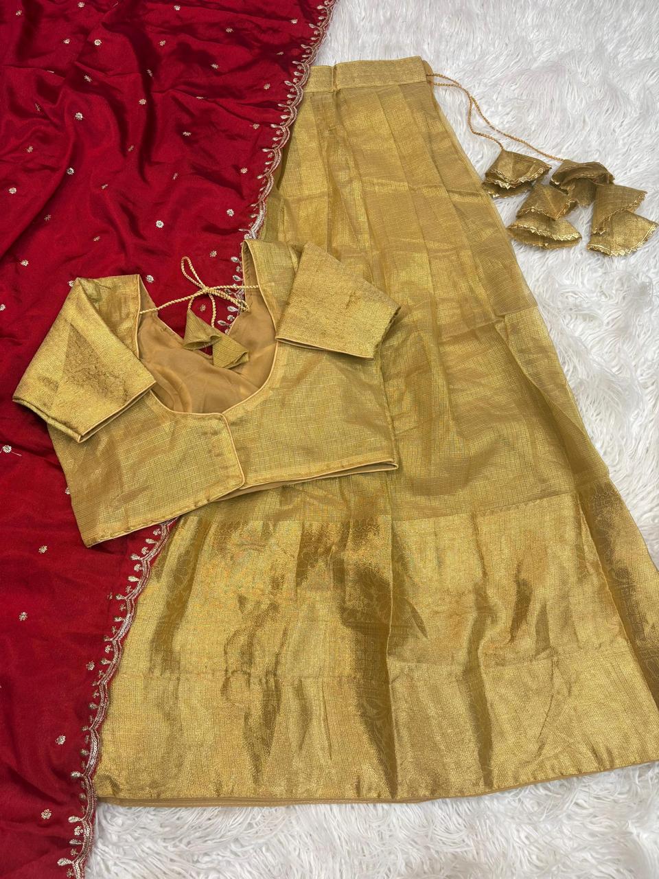 Swarna Chex Jacquard Lehenga-Red