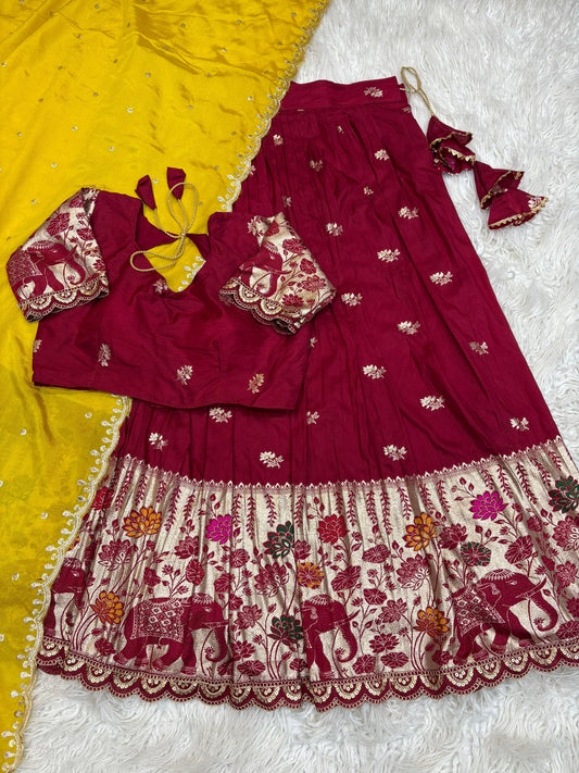Rajkumari Elephant Parade Lehenga-Reddish Maroon Yellow