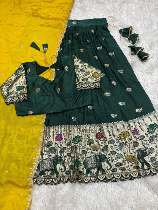 Rajkumari Elephant Parade Lehenga-Green Yellow