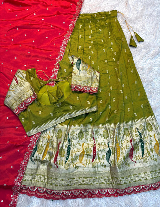 Morbagh Parrot Green-Red Zari Lehenga