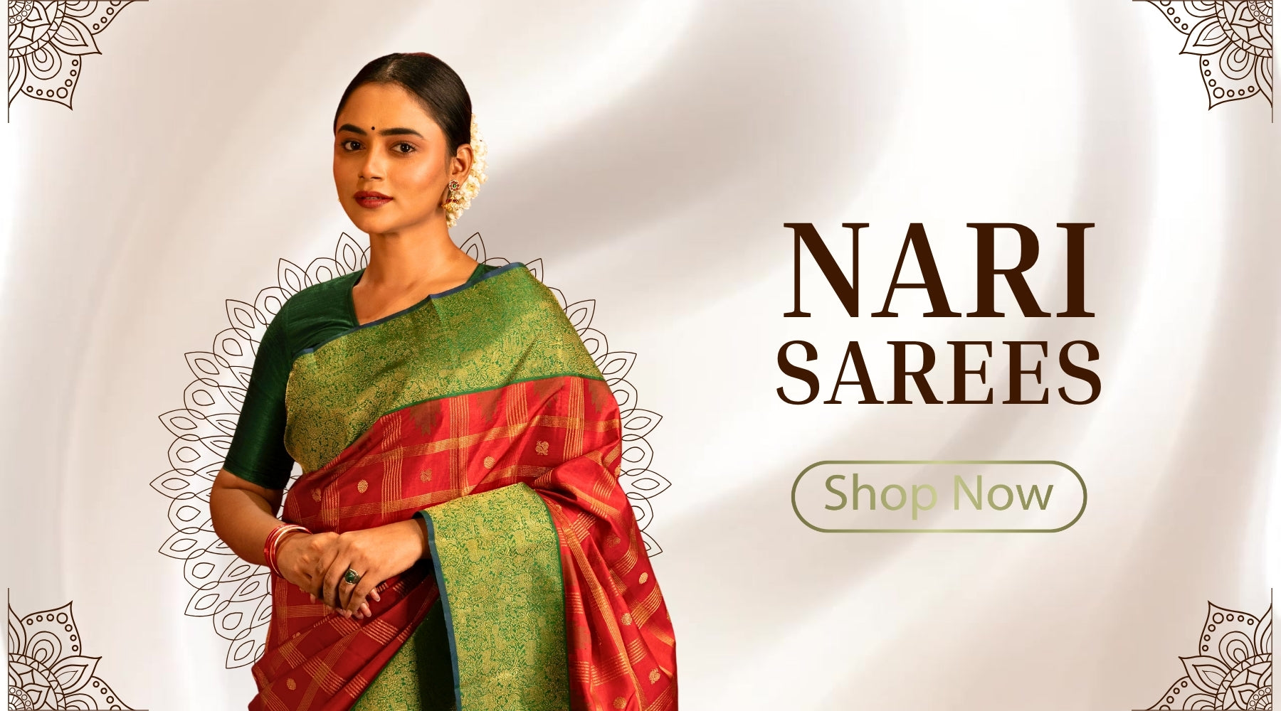 Woman wearing a green and red saree with 'Nari Sarees' branding and a 'Shop Now' button on a decorative background.