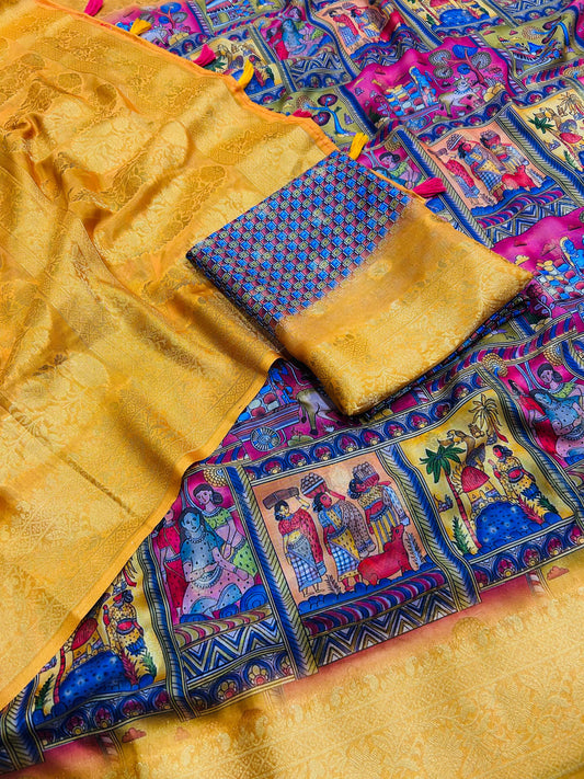Multi Color Dola Silk Digital Print Saree With Rich Pallu