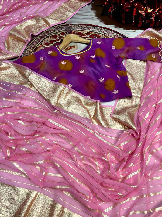 Pure Light Pink Viscose Georgette Saree With Jacqurad Border With Handwork Partywear Blouse