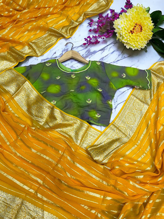 Pure Yellow Viscose Georgette Saree With Jacqurad Border With Handwork Partywear Blouse